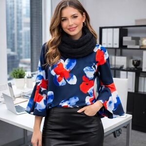 H by Halston Floral Oversized Blue and Red Bell Sleeve Blouse